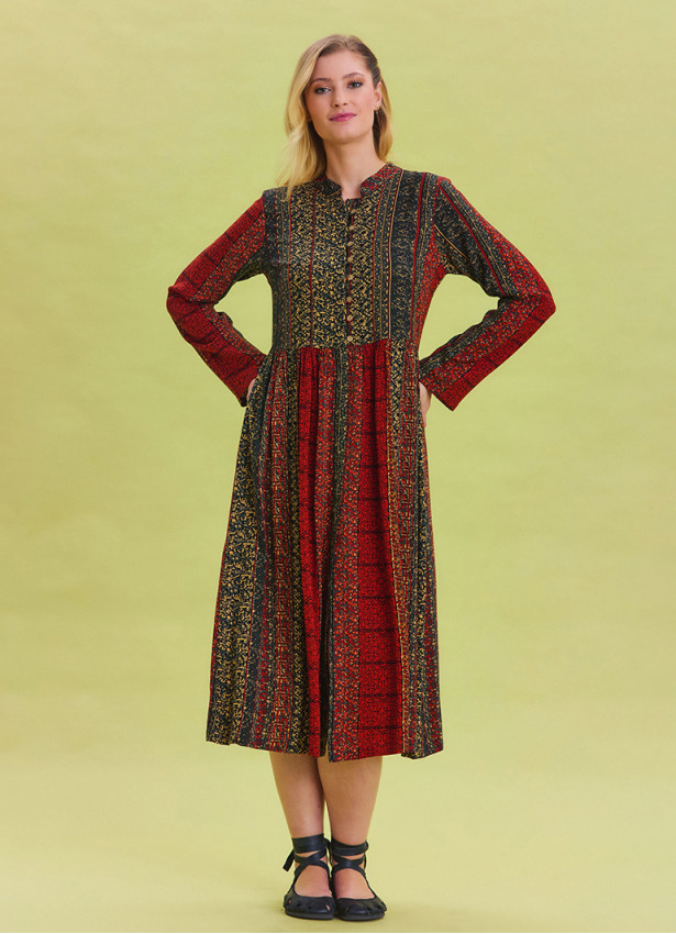 Patterned Crew Neck Button Detailed Brick Long Sleeve Dress 4445